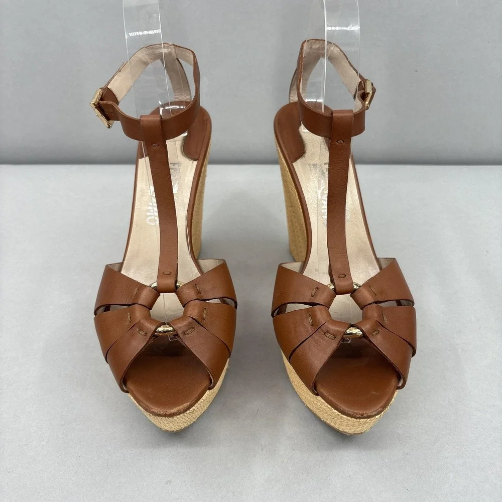 Salvatore Ferragamo Wedge Sandals Shoes Womens 8.5 Leather‎ Espadrille Italy